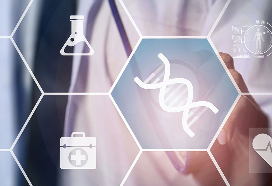 A graphic shows icons of test tubes, first aid kits, and medicine. A DNA icon is highlighted in the center of the graphic.